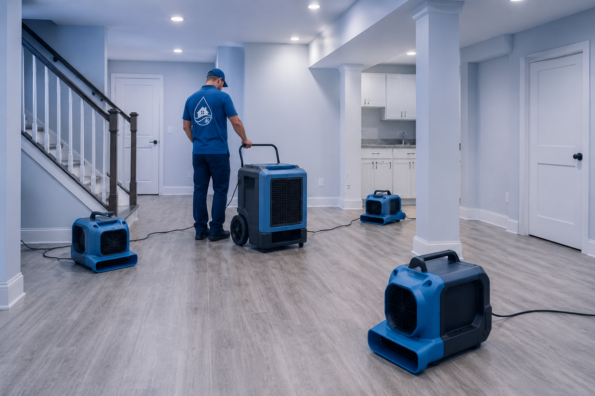 Air movers and a dehumidifier drying a Plymouth basement after water extraction