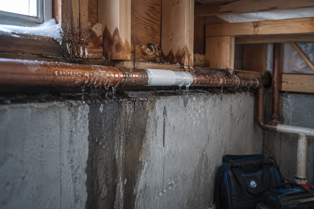 Recently repaired frozen supply pipe that released water in a Plymouth basement